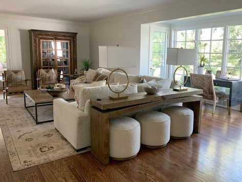 INSTAGRAM — Megan Pittman Interiors Console Seating Behind Couch, Sitting Area Behind Couch, Sectional Living Room Layout, Large Living Room Layout, Fresh Living Room, Neutral Dining Room, Living Room Plan, Long Living Room, Best Living Room Design