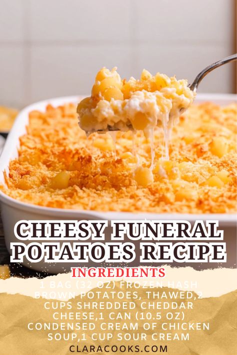 Cheesy Funeral Potatoes Recipe Pittsburgh Potatoes Recipe, Cheesy Hashbrown Recipe, Crockpot Goulash, Potato Casserole Recipes, Cheesy Potatoes With Hashbrowns, Cheesy Casserole Recipes, Easy Casserole Dishes, Cheesy Potatoes Recipe, Goulash Recipe