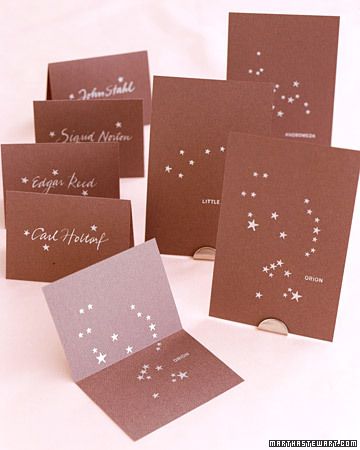 Instead of labeling each table with a number, give each a constellation. Stamp it on a card, and place in a holder. Then guide your guests to their tables by making them seating cards with their table's constellation inside. Creative Seating Cards, Star Themed Wedding, Wedding Seating Cards, Card Table Wedding, Seating Cards, Star Wedding, Wedding Seating, Table Cards, Wedding Table Numbers