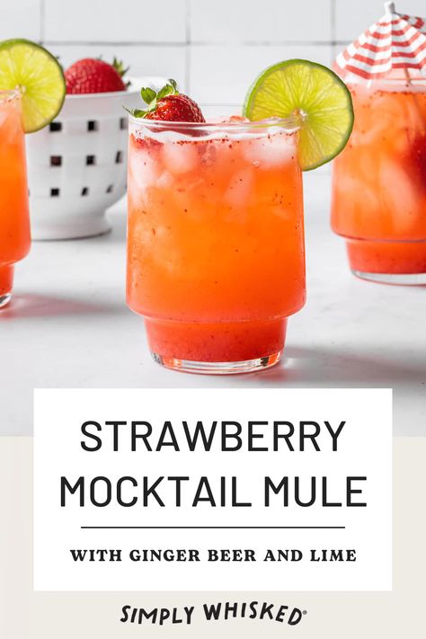 Lime and ginger beer are balanced by sweet strawberry and simple syrup in this alcohol free mule. Garnish this strawberry mocktail with a lime wheel and cocktail umbrella for a beautiful family-friendly drink. Non Alcoholic Mule, Strawberry Mango Mocktail, Mocktail Mule Recipe, Strawberry Lime Mocktail, Moscow Mule Mocktail Recipe, Mule Mocktails, Mocktail Mule, Ginger Beer Mocktail Recipe, Mocktail Strawberry