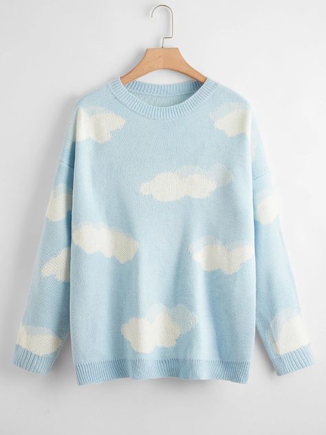 Plus Cartoon Cloud Pattern Drop Shoulder Sweater | SHEIN USA Shein Sweater, Plus Size Patterns, Cloud Pattern, Plus Size Pullover, Bleu Pastel, Clouds Pattern, Long Sleeve Pullover Sweater, Drop Shoulder Sweaters, Plus Size Sweaters