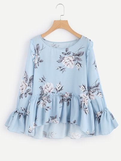 Product name: Flower Print Trumpet Sleeve Frilled Smock Top at SHEIN, Category: Blouses Áo Blu, Fashion Tops Blouse, Trumpet Sleeve, Trendy Fashion Tops, Smock Top, Stylish Dress Designs, Girls Fashion Clothes, Ladies Tops Fashion, Blouse Styles