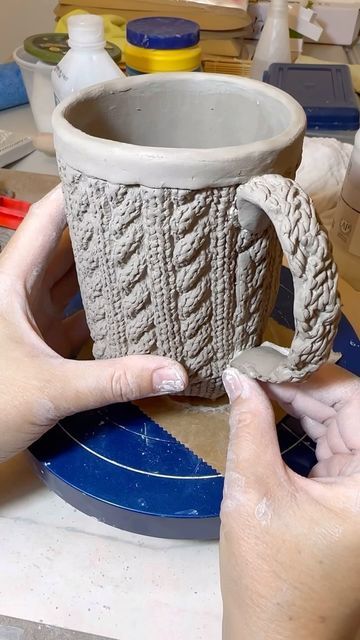 Hand Built Mugs Clay Pottery Ideas, Handbuild Mugs, Handwarmer Pottery Mug, Ceramic Mugs Slipwork, Slab Built Mug, Take That, Building