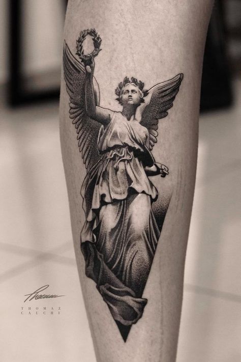 Victory Tattoo, Nike Tattoo, Athena Tattoo, Left Arm Tattoos, History Tattoos, Statue Tattoo, Greek Mythology Tattoos, Tattoo Inspiration Men, Mythology Tattoos