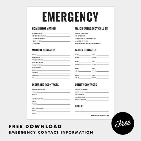 20+ FREE printables to help organize your life!  Everything from budget worksheets to cleaning schedules and recipes binders.  You'll find everything you need to get and stay organized! Emergency Printable, Contact Card Template, Emergency Contact Form, Emergency Preparedness Plan, Emergency Contact List, Family Emergency Binder, Medical Binder, Family Worksheet, Emergency Binder