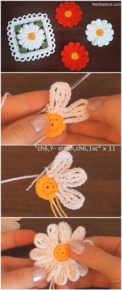 Crochet Easy Motif Flowers Lazy Daisy Crochet Pattern, Crochet Flowers Daisy, Easy Crochet Daisy Pattern Free, Knitted Daisy Pattern, Daisy Crochet Tutorial, Daisy Pattern Crochet, How To Crochet A Daisy, How To Crochet A Flower For Beginners, Yarn Flowers Diy