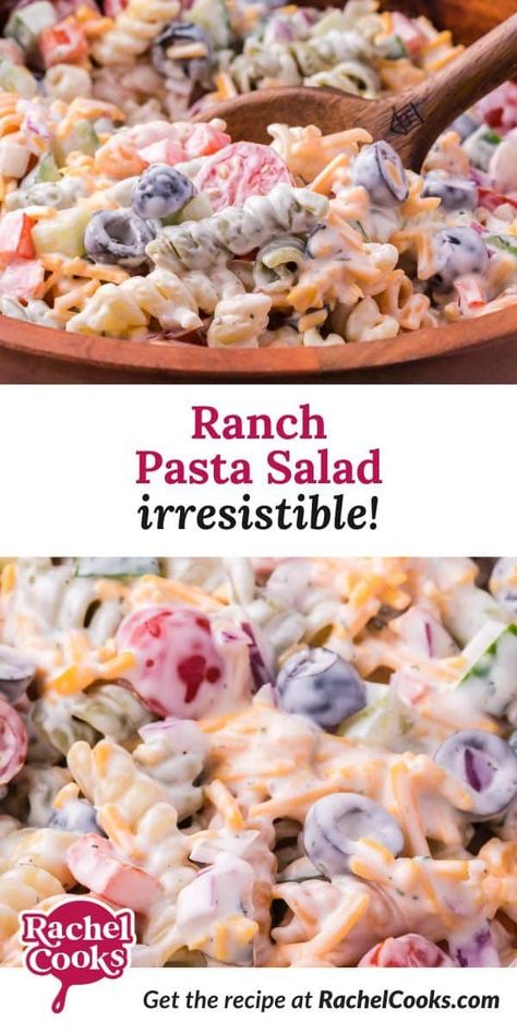 Ranch pasta salad takes the deli classic to flavortown thanks to the addition of tangy buttermilk and a packet of ranch seasoning. Fresh veggies, tender pasta, creamy dressing, and cheddar too—yep, this one's a crowd-pleaser! Summer Pasta Salad Recipes, Vegan Pasta Salad, Cold Pasta Salad Recipes, Ranch Pasta Salad, Creamy Ranch, Ranch Pasta, Easy Pasta Salad Recipe, Cold Pasta Salad, Easy Pasta Salad