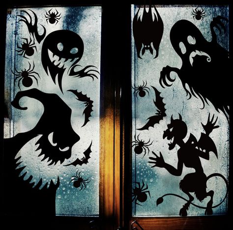 Black monster, oogie boogie, spider, and bat silhouette window clings shown on a window. Monster Silhouette, Spooky Window, Haunted House Halloween Party, Halloween Window Clings, Halloween Window Decorations, Halloween Party Decoration, Creepy Ghost, Casa Halloween, Easy Halloween Decorations