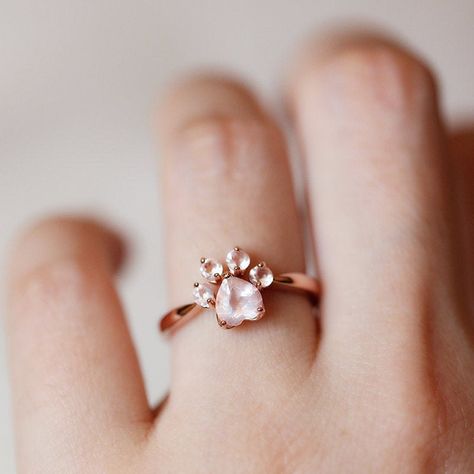 Simple Elegant Engagement Rings, Geek Engagement Rings, Tiny Engagement Rings, Paw Print Ring, Paw Jewelry, Paw Ring, Rose Quartz Color, White Quartz Crystal, Fantasy Ring