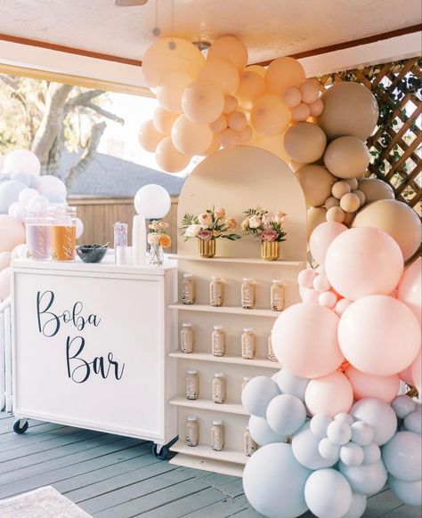 Birthday Party Vendors, Boba Bar Station Wedding, Favor Stand Ideas, Bakery Launch Party, Self Serve Bar Ideas Parties, Wedding Boba Bar, Boba Tea Baby Shower Theme, Boba Baby Shower Theme, Gender Reveal Ideas For Party Decoration Outdoor