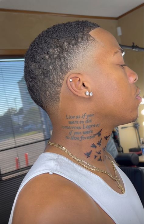 Unique Neck Tattoos For Men, Blonde Taper Fade, Men Tattoo Ideas With Meaning, Cool Neck Tattoos Men, Low Cut Fade Black Men, Short Hair Black Men, Taper Fade Black, Black Men Shoulder Tattoo, Small Neck Tattoos Men