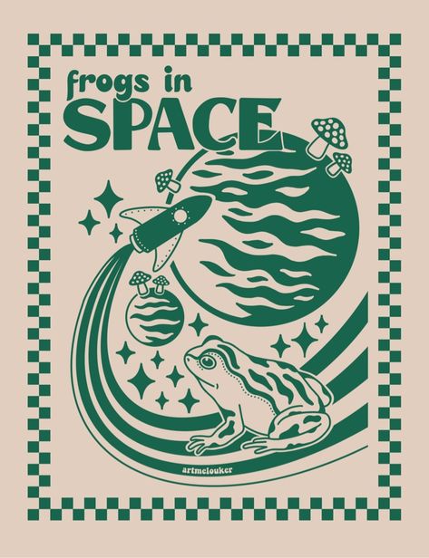 A monochrome retro poster with a frog in space. Green Aesthetic Posters Vintage, Frog Poster Prints, Indie Room Posters Vintage, Cottage Core Posters Aesthetic, Cool Wall Posters Vintage, Poster Prints Green Aesthetic, 60s Logos Vintage, Green Wall Poster Prints, Aesthetic Posters Wall Decor Green