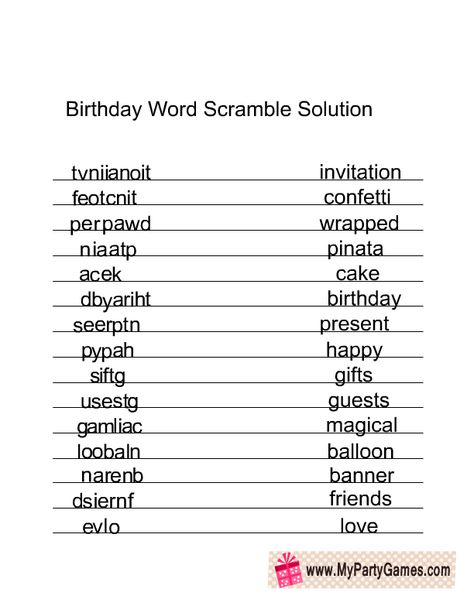 Birthday Party Games Ideas, Birthday Word Scramble, Ice Breakers For Work, Printable Birthday Games, 1st Birthday Games, Party Games Ideas, Birthday Games For Adults, Scramble Words, Bowling Birthday Party