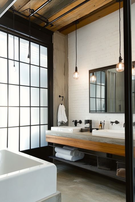 Discover modern bathroom ideas with this industrial-inspired design. Clean lines and elegant fixtures create a sophisticated look. Perfect for those who appreciate a blend of rustic and modern aesthetics. Ideal for a contemporary home! 🛁🖤 #ModernBathroomIdeas #IndustrialDesign #BathroomInspo Modern Industrial Bathroom, Bathroom Industrial Chic, Bathroom Family, Modern Bathroom Ideas, Master Bath Renovation, Industrial Style Bathroom, Chic Bathroom, Bath Renovation, Calming Spaces