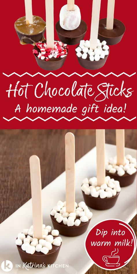 Try this easy Hot Chocolate Sticks recipe to make holiday gifts or an easy and delicious hot chocolate bar. Just dunk into warm milk and stir! Get the EASY recipe with 4 more variations and pro tips. Print and Pin at In Katrina's Kitchen. Diy Hot Chocolate On A Stick Recipe, Cute Hot Chocolate Gifts Diy Christmas, Diy Chocolate Spoons For Hot Chocolate, Hot Chocolate Spoons Recipe, Hot Chocolate On A Stick Diy, Coco Gift Ideas, Hot Chocolate Spoons How To Make, Hot Cocoa On A Stick Recipe, Hot Chocolate Sticks Diy