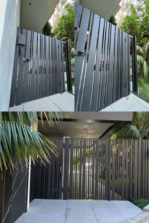 Steel fence custom design Aluminum Fence Gate, Aluminum Gates, Gates And Fences, Compound Wall Design, Gate Designs Modern, Gates And Railings, Grill Gate Design, Modern Gate, House Main Gates Design