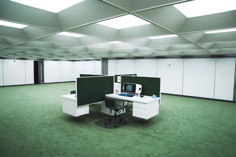 Bell Labs, 80s Interior Design, Banks Office, Yellow Office, Office Ceiling, 80s Interior, Serenity Now, Theatre Set, Office Set