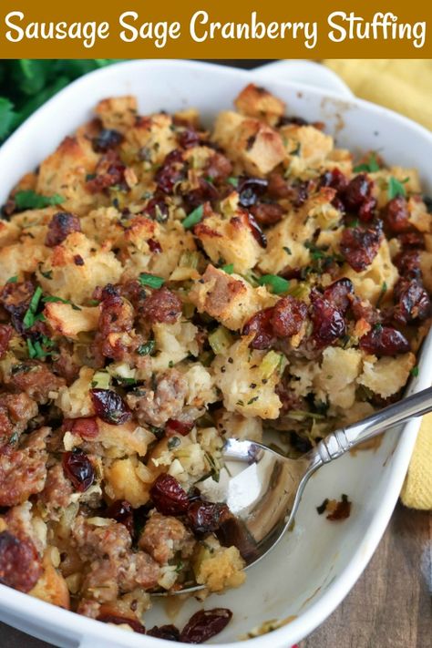 Sausage Sage Cranberry Stuffing is a sure-fire way to impress this holiday season. Make sure to use fresh herbs for this hearty stuffing that's savory with a touch of sweetness from the cranberries #stuffing #sausagestuffing #cranberries #freshherbs #sage #thanksgiving #thanksgivingsides #holidaysides Cornbread Sausage Cranberry Stuffing, Sausage And Craisin Stuffing, Cranberry Sausage Stuffing Recipes, Apple Cranberry Sausage Stuffing, Spicy Sausage Stuffing Thanksgiving, Stuffing With Sausage And Cranberries, Sausage And Cranberry Stuffing, Unique Stuffing Recipes, Stuffing With Sausage Recipes