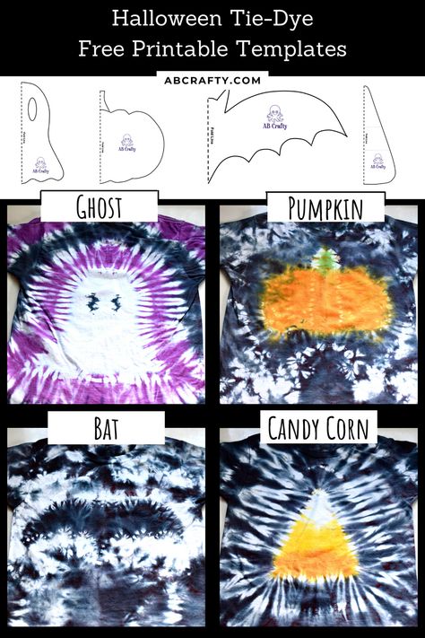 images tie dye shirts with a ghost, pumpkin, bat, and candy corn and images of the templates to make the tie dye designs with the title "halloween tie dye free printable templates" Tye Dye Pumpkin Shirt, Ghost Tie Dye, Halloween Tie Dye Ideas, Halloween Tye Dye Shirts, Sharpie Tie Dye Shirts, Halloween Tye Dye Shirts Diy, Pumpkin Tie Dye Shirt, Tye Dye Halloween Shirts, Halloween Tie Dye Patterns