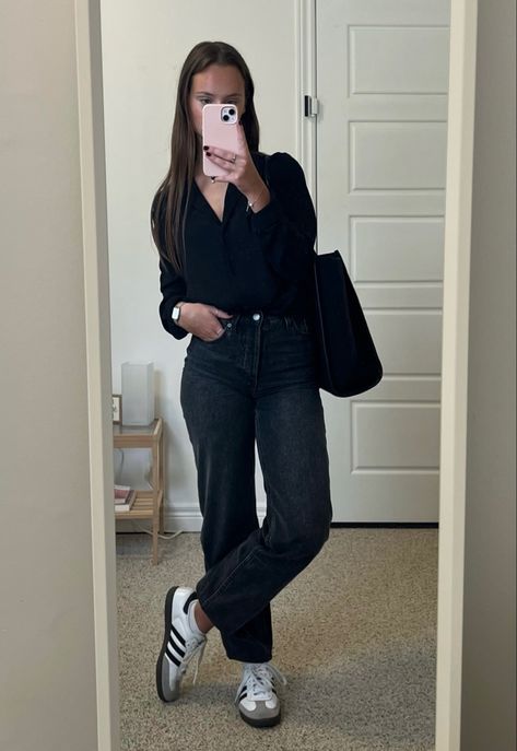 sambas - black jeans - button up black top Black Jean Business Casual Outfit, Black Relaxed Jeans Outfit, Faded Black Denim Jeans Outfit, Black Dress Shirt Outfit Woman, Black Faded Jeans Outfit, Business Casual Black Jeans, Black Skinning Jeans Outfit, Straight Black Jeans Outfit, Black Jeans Business Casual