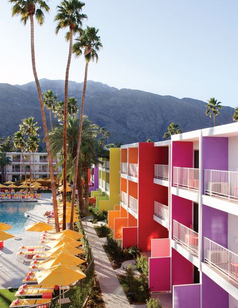 Saguaro Hotel Palm Springs, Saguaro Hotel, Palm Springs Hotel, Palm Springs Hotels, Colorful Buildings, Southwest Usa, Palm Springs Style, Palm Spring, Weekend Humor