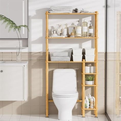 Over The Toilet Storage - 10.2"D x 32.8"W x 70.8"H - Bed Bath & Beyond - 40555533 Freestanding Bathroom Shelves, Over Toilet Storage, Over The Toilet Storage, Storing Towels, Freestanding Storage Cabinet, Toilet Shelves, Over The Toilet, Bamboo Shelf, Bamboo Bathroom