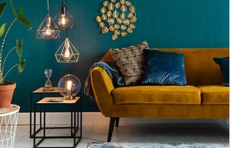 Teal And Mustard Living Room, Mustard Living Rooms, Dark Green Rooms, Grey Sofa Living Room, Teal Living Rooms, Snug Room, Living Room Wall Color, Gold Sofa, Room Wall Painting