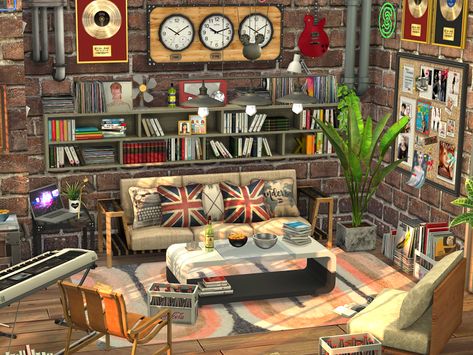 Sims Music Room, Sims 4 Cc Guitar Decor, Sims 4 Music Room, Sims 4 Musician House, Living Room Music Studio, Punk Rock Living Room, Sims 4 Messy Room Cc, Mod Room Ideas, Sims 4 Living Room Decor Cc