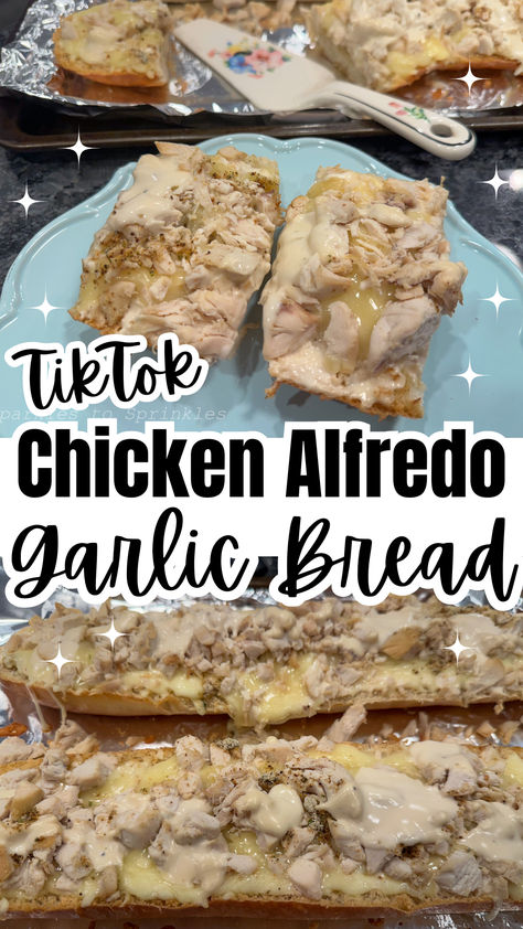 This semi-homemade TikTok Chicken Alfredo Garlic Bread is perfect for a busy weeknight dinner without all the from-scratch steps! Combining the irresistible flavors of garlic bread and creamy alfredo chicken, this recipe is perfect for a weeknight meal or a casual gathering with friends. Chicken Alfredo Cheese Bread, Chicken Alfredo Bread Boat, Chicken Alfredo French Bread, Chicken Alfredo Garlic Bread Recipe, Chicken Alfredo Garlic Bread, Chicken Alfredo Bread, Chicken Alfrado, Alfredo Garlic Bread, Alfredo Bread