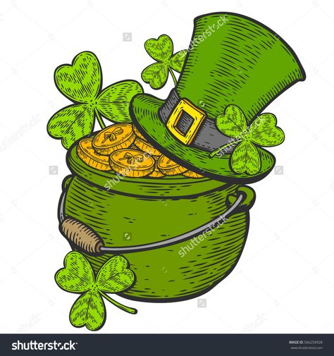 St Patrick's Day Drawings, Pot Of Gold Tattoo, Cauldron Sketch, Pot Of Gold Drawing, Leprechaun Tattoos, Saint Patricks Day Art, Fete Saint Patrick, Golden Coins, Gold Drawing