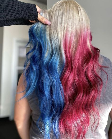 Hair by cris_xox88 “Crystal Aguilar”
Inspired by Harley Quinn Blue And Red Split Dye, Harley Quinn Hair Ideas, Half Red Half Blue Hair, Red And Blue Hair Split, Red And Blue Hair Ombre, Red And Blue Hair Ideas, Harley Quinn Hairstyles, Harley Quinn Hair, Red And Blue Hair