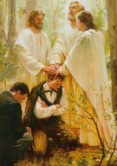 Walter Rane's painting of Joseph Smith receiving the priesthood from the ancient apostles, Peter, James and John Melchizedek Priesthood, Lds Pictures, Lds Artwork, Lds Church History, Gospel Art, Lds Scriptures, Pictures Of Christ, Mission Vision, Lds Art