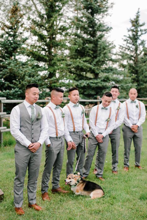 Sage And Grey Groomsmen, Groom And Groomsmen Attire Suspenders, Sage Wedding Mens Attire, Grey And Sage Groomsmen Attire, Sage Green Wedding Outfit Men, Sage Suspenders Wedding, Green Groomsmen Attire Suspenders, Groomsmen Outfit Ideas Grey, Grey Groom Suit With Sage Green