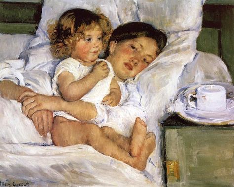 Mary Cassatt - Breakfast in Bed 1897  My favorite oil painting Floor Bedding, Mary Cassatt Art, Bedding Photography, Simple Bedding, Famous Oil Paintings, Lawrence Alma Tadema, Bedding Design, Bedding Master, Baby Print Art