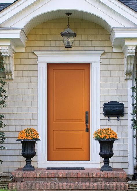 Orange Front Door, Notebook House, Orange Front Doors, Best Front Door Colors, Exterior Door Colors, Front Door Inspiration, Front Door Color, Metal Front Door, Best Front Doors