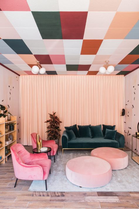 Project Reveal: Art Deco-Inspired Studio with a Checkerboard Ceiling! - Anne Sage Checkerboard Ceiling, Color Apartment, Interior Art Deco, Art Deco Ceiling, Colorful Interior, Colorful Interior Design, Art Deco Interior Design, Pink Living Room, Swansea