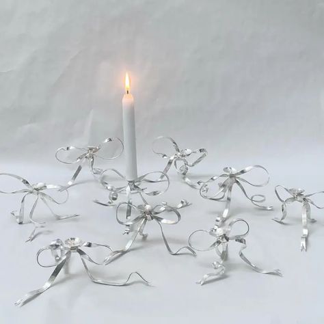 At the Gallery Leo Costelloe thisisglamorous 7 Candle Projects, Silver Bow, Diy Interior, White Bow, Australian Artists, Christmas Design, Living Design, Accessories Design, Candle Holders