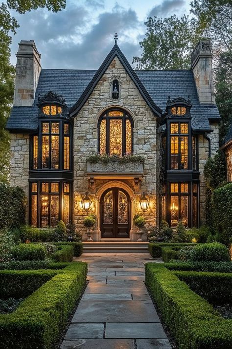 Elegant stone house with warm, glowing lights. Check out the whimsical wonders of big houses where vastness meets imagination, transforming envy into inspiration! Mansions In London England, Modern House With Character, Luxury Home Must Haves, Unique Mansions, Big Houses Mansions, Small Castle House Plans, Castle Style Homes, Billion Dollar Homes, British Mansion