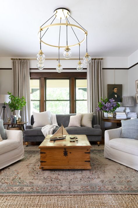 our 1912 Farmhouse living room (with lots of vintage items ;) The Grit And Polish, Grit And Polish, Farmhouse Paint Colors, Farmhouse Paint, Pinch Pleat Curtains, Cottage Living Rooms, Pleated Curtains, Cottage Living, Wood Trim