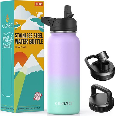 Amazon.com: CIVAGO 32 oz Insulated Water Bottle With Straw, Stainless Steel Sports Water Cup Flask with 3 Lids (Straw, Spout and Handle Lid), Wide Mouth Travel Thermo Mug, Cotton Candy : Sports & Outdoors Flask Box, Water Bottle Packaging, Thermo Mug, Coffee Flask, Packaging Bottle, Gym Bottle, Bday Gifts, Thermal Mug, Bottle Box