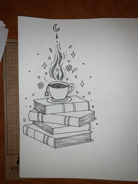 Bookstack Tattoo, Bookstack Drawing, Stack Of Books Tattoo Simple, Cat On Stack Of Books Tattoo, Book Teacup Tattoo, Teacup And Book Tattoo, Stack Of Books Drawing, Book Stack Tattoo, Stack Of Books Doodle