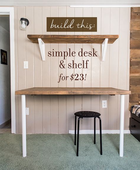 Tutorial for building a simple desk, shelving and brackets on the cheap! Diy Wall Desk, Diy Kids Desk, Diy Desk Plans, Diy Computer Desk, Desk Simple, Desk Plans, Diy Wand, Wall Mounted Desk, Floating Desk