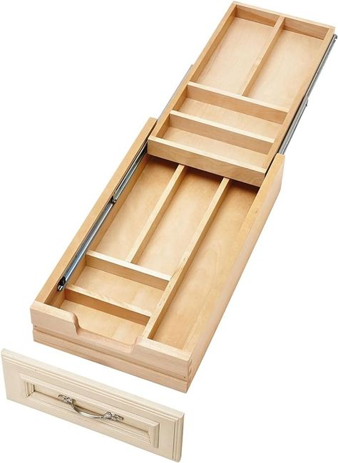 Amazon.com: Rev-A-Shelf 12 Inch Wide 2 Tiered Kitchen Utensil & Cutlery Pullout Drawer Tray Organizer, 15" W Soft Close : Home & Kitchen Kitchen Drawer Inserts, Cutlery Drawer Insert, Cutlery Drawer Organization, Face Frame Cabinets, Wood Cutlery, Bathroom Sink Design, Silverware Organization, Drawer System, Cutlery Drawer