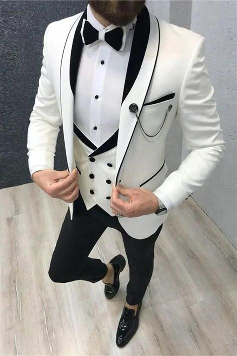 White Wedding Tailcoats with Black Lapel Groom Suits For Men's PartyThree Piecess Terno Slim Fit, Tuxedo Colors, Groom Suits, Black Suit Wedding, Slim Fit Tuxedo, Wedding Suits Groom, Groom Tuxedo, White Tuxedo, Groomsmen Suits