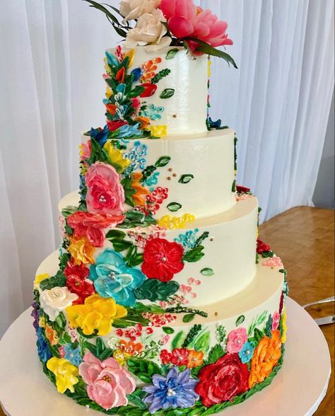 Colorful foral wedding cake frosting Fiesta Cakes, Mexican Fiesta Cake, Wedding Cake Frosting, Wedding Mexican, Quince Cakes, Mexican Wedding Cake, Mexican Cake, Quince Cake, Mexican Themed Weddings