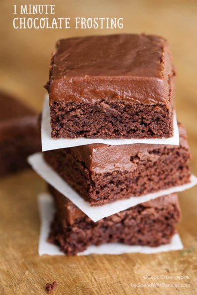 This ONE Minute Chocolate Frosting recipe is likely the easiest frosting you've ever made! It comes together so fast and sets like a dream making this a go-to quick frosting recipe. It's perfect for topping cakes, brownies and more! Chocolate Topping For Brownies, Icing For Brownies Easy, Brownie Icing Recipe, Brownie Frosting Recipe, Chocolate Icing For Brownies, Frosting For Brownies, Frosted Brownies Recipe, Brownie Icing, Frosting Flavors