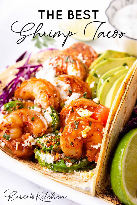 Juicy shrimp with Mexican inspired spices and fresh cilantro, served on a flour tortilla with a lime crama. Quick, easy, and extremely satisfying.

This easy, spicy shrimp tacos recipe is great for busy nights! Serve alongside guacamole and homemade salsa for a fresh, spicy meal everyone will love.  The perfect recipe for your taco tuesday dinners!

Head to errenskitchen.com for easy, delicious, and even quick recipes for breakfast, lunch, dinner, drinks, and desserts! Easy Shrimp Tacos Simple, Mexican Prawns, Prawn Tacos, Shrimp Tacos Recipe, Mexican Shrimp Recipes, Spicy Grilled Shrimp, Taco Tuesday Recipes, Shrimp Tacos Easy, Tuesday Recipes