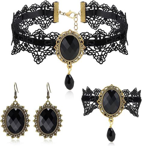 ❤ 【Halloween Jewelry Accessories】❤ This fashionable gothic choker necklaces jewelry set includes a gothic choker necklace, a pair of Halloween earrings and a bracelet. Capture attention with this goth choker necklace and Halloween earrings bracelet set for women. Lace choker is perfect for Halloween, Costume play, Masquerade, Witch, Vampire, Victorian, Steampunk, Lolita, and Cosplay Costume accessories. Vampire Accessories, Vampire Victorian, Spooky Outfits, Goth Choker Necklaces, Halloween Sleepover, Black Lace Choker Necklace, Gothic Choker Necklace, Witch Vampire, Witch Accessories