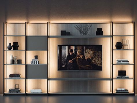 Aluminium bookcase with built-in lights with TV stand CONTINUUM | Bookcase by Natevo Simple Tv Stand, Tv A Muro, Bibliotheque Design, Tv Room Design, Bookcase Design, Tv Wall Decor, Tv Wall Unit, Tv Wall Design, Design Del Prodotto