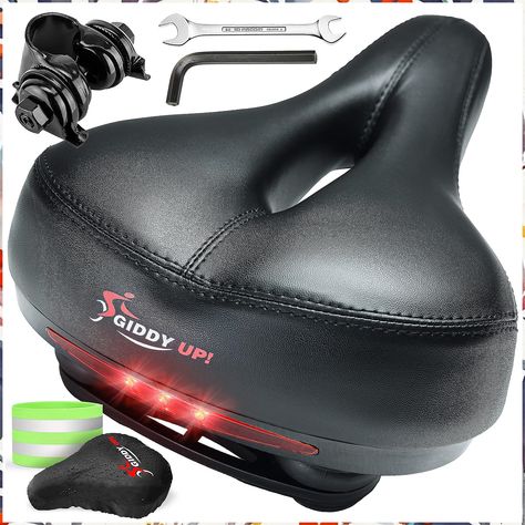 Giddy Up! Bike Seat - Comfortable Bike Saddle for Exercise and Road Bicycle with LED - Wide Padded Bicycle Saddle for Peloton Best Road Bike, Foldable Bikes, Peloton Bike, Comfort Bike, Indoor Bike, Bicycle Seats, Bicycle Saddle, Bike Saddle, Hybrid Bike